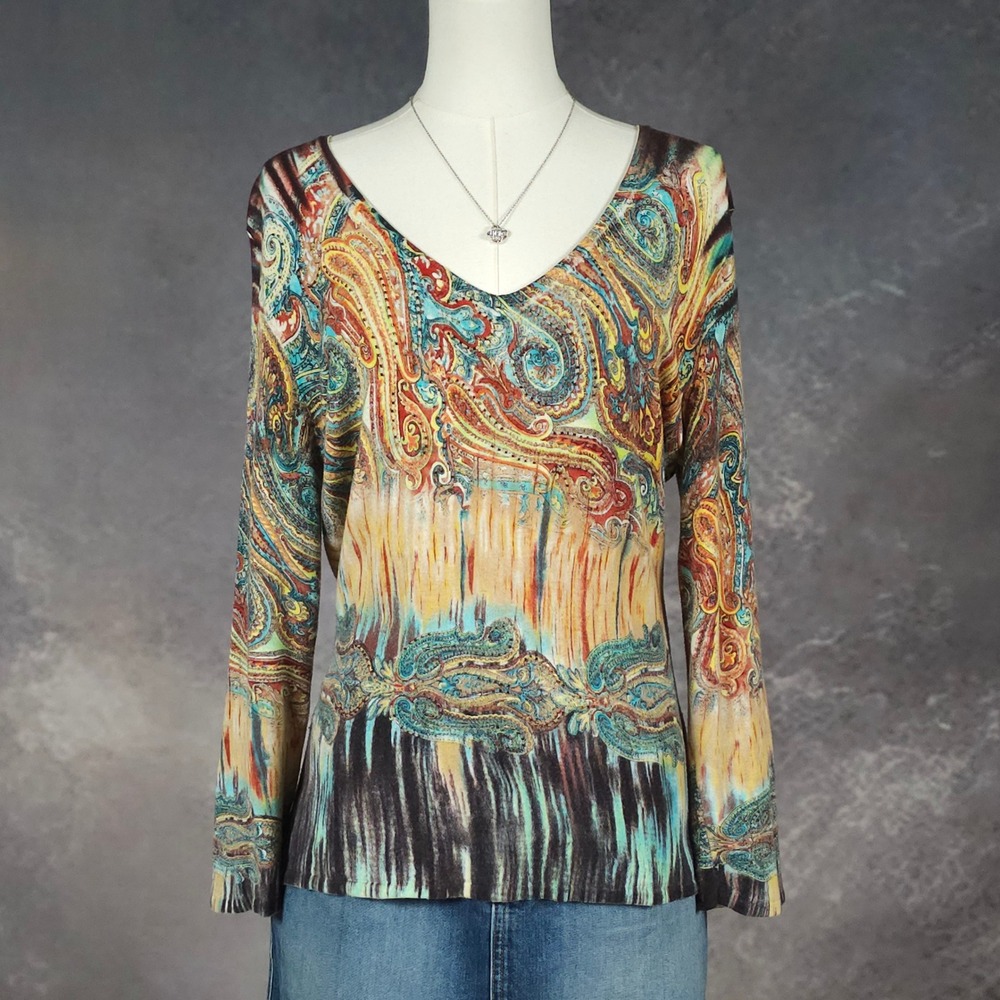 Vintage Y2K Alberto Makali Beaded Paisley Viscose Knit Top Boho Artsy M